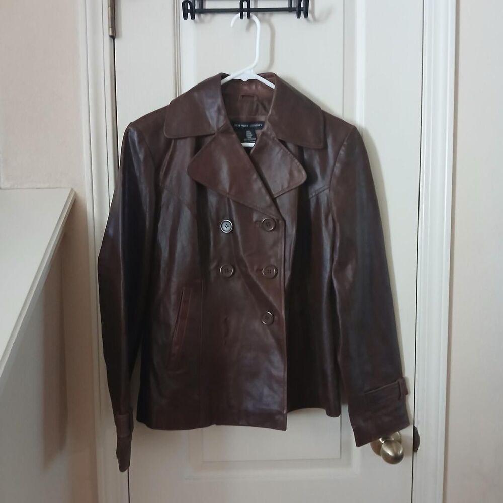 Y2K Vintage New York & Company Brown Leather Jacket M Boho Indie Classic Preppy